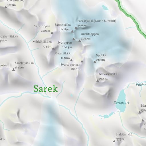 Ausschnitt aus der Sarek Nationalpark Karte mit Kolorierung nach Imhof